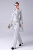 Silver Chiffon 3 Pieces Mother of the Bride Pant Suits
