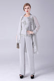 Silver Chiffon 3 Pieces Mother of the Bride Pant Suits