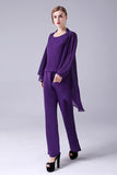 Purple Long Sleeves 3 Pieces Mother of the Bride Pant Suits