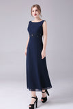 Navy Boat Neck A-line 2 Pieces Mother of the Bride Dress