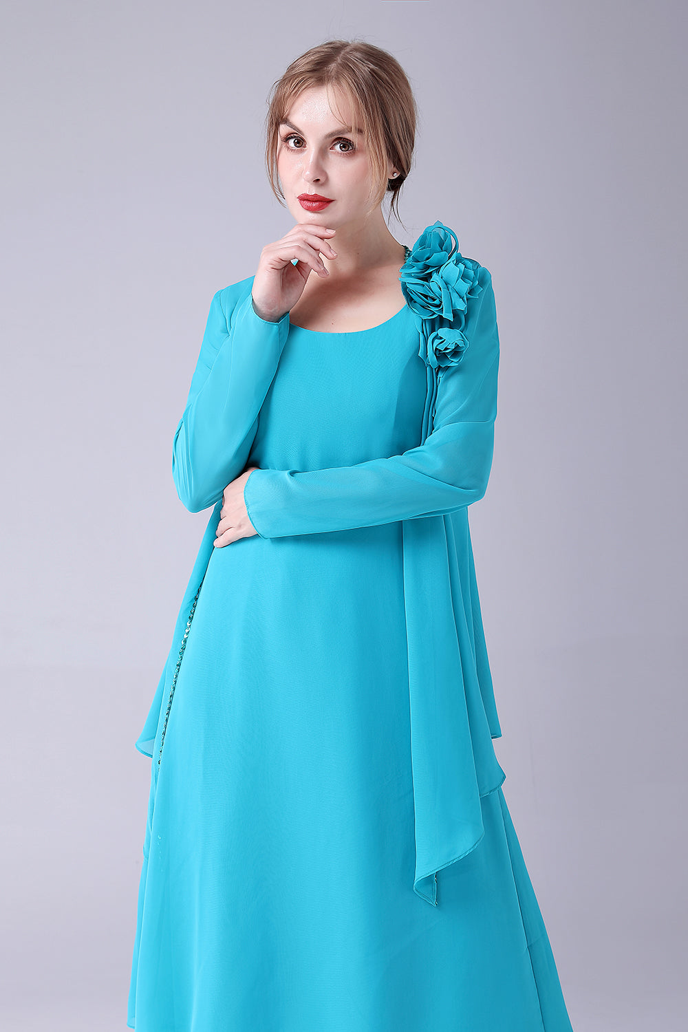 Blue A-Line Scoop Neck Chiffon Floor-Length Mother Of the Bride Dress