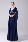 Navy A-Line V-Neck Chiffon Floor-Length Mother Of the Bride Dress With Pleated