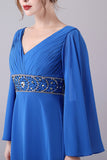 Royal Blue A-Line V-Neck Pleated Floor-Length Mother Of the Bride Dress With Beading