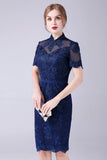 Navy Mermaid Beaded Knee-Length Mother Of the Bride Dress With Appliques