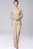 Champagne Jumpsuit/Pantsuit Separates Chiffon Mother of the Bride Dress With Appliques