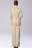 Champagne Jumpsuit/Pantsuit Separates Chiffon Mother of the Bride Dress With Appliques