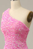 Fuchsia Sequined One Shoulder Mermaid Prom Dress With Slit