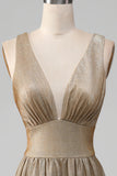 Glitter V-Neck Golden Prom Dress with Slit