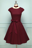 Burgundy A Line Vintage Boat Neck Swing Pinup Formal Party Dress with Sleeves