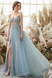 Light Blue A Line Spaghetti Straps Beaded Open Back Tulle Long Prom Dress with Slit