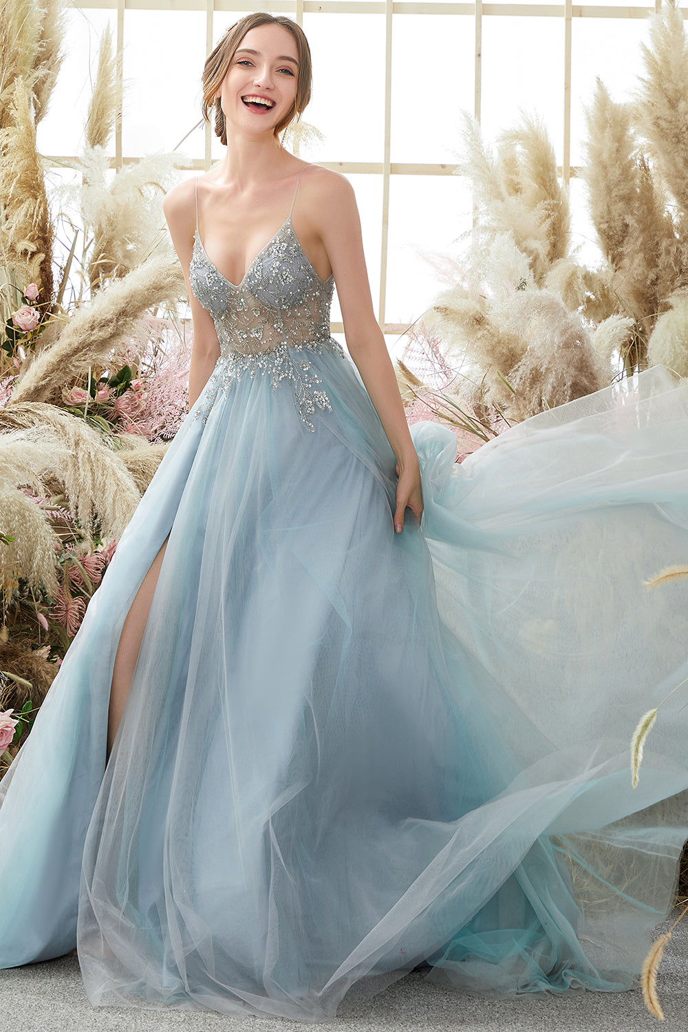 Light Blue A Line Spaghetti Straps Beaded Open Back Tulle Long Prom Dress with Slit Light Blue A Line Spaghetti Straps Beaded Open Back Tulle Long Prom Dress with Slit