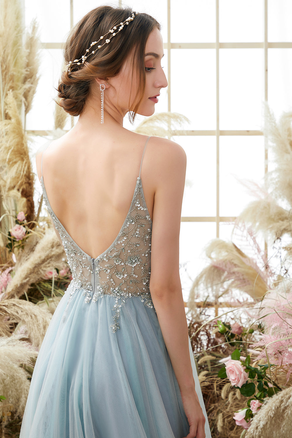 Zapaka Women's Tulle Light Blue A-line Spaghetti Straps Beading Prom Party Dress With Slit, Blue / US18W Zapaka Women's Tulle Light Blue A-line Spaghetti Straps Beading Prom Party Dress With Slit, Blue / US18W