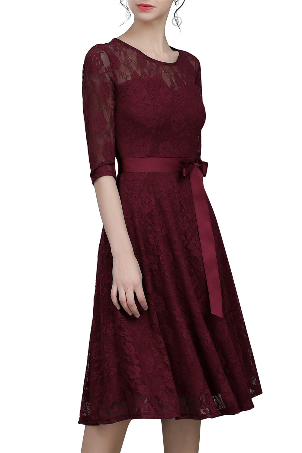 Burgundy Sash Lace Dress