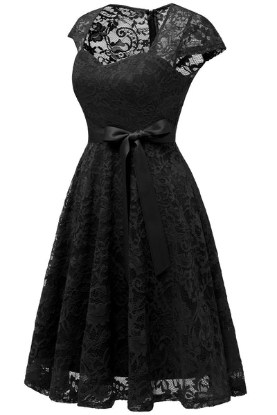 Zapaka Women Black Lace Dress Sweetheart Short Sleeves Party Dress – ZAPAKA