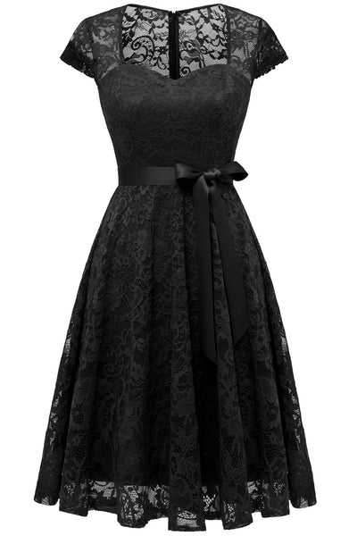 Zapaka Women Black Lace Dress Sweetheart Short Sleeves Party Dress – ZAPAKA