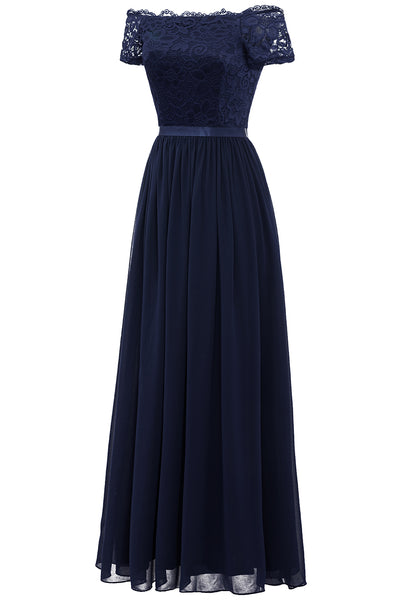 Zapaka Women Wedding Guest Dress Long Lace Dress Navy Off the Shoulder ...