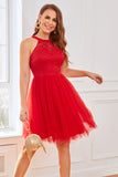 Red Lace Short Cocktail Party Dress