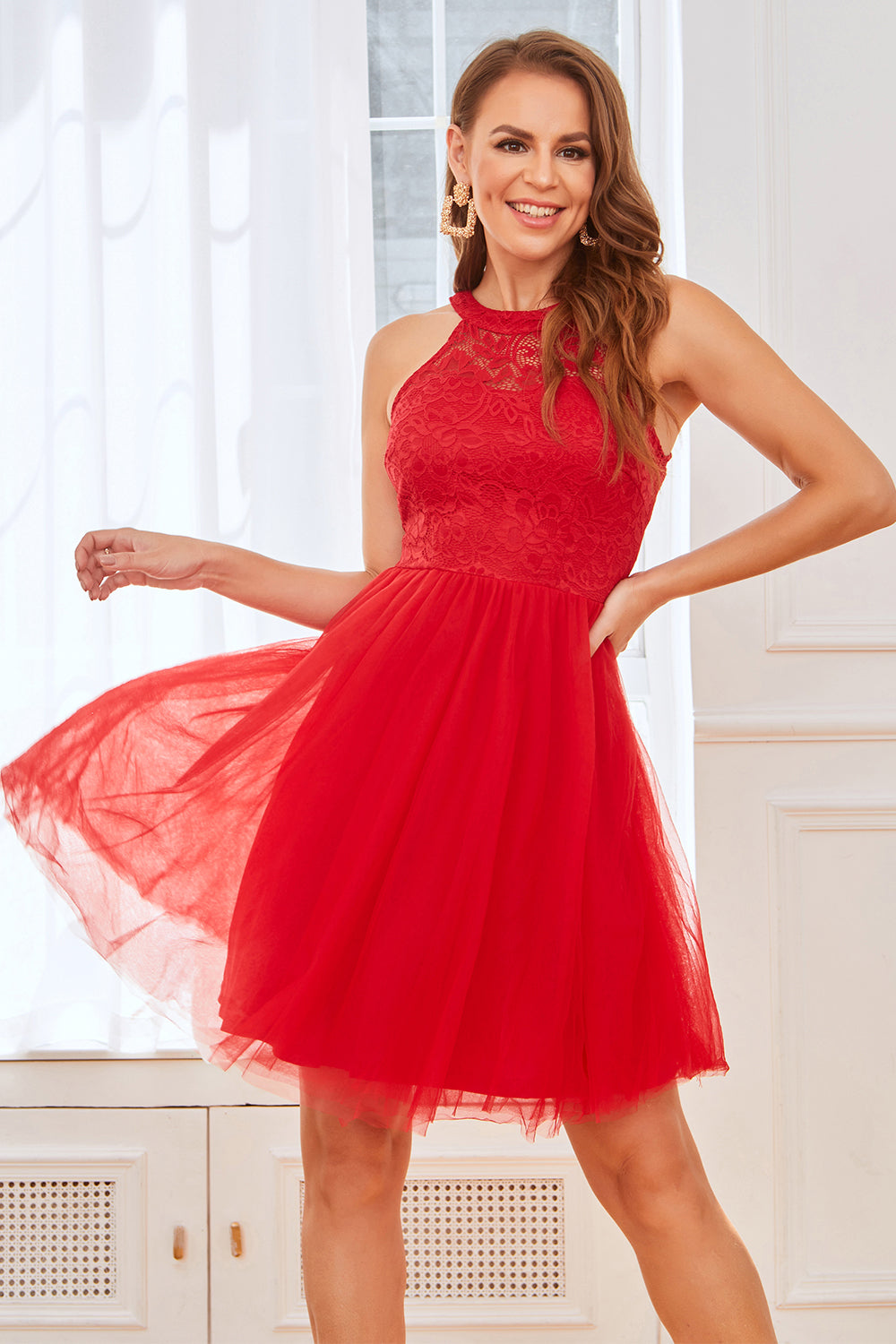 Red Lace Short Cocktail Party Dress
