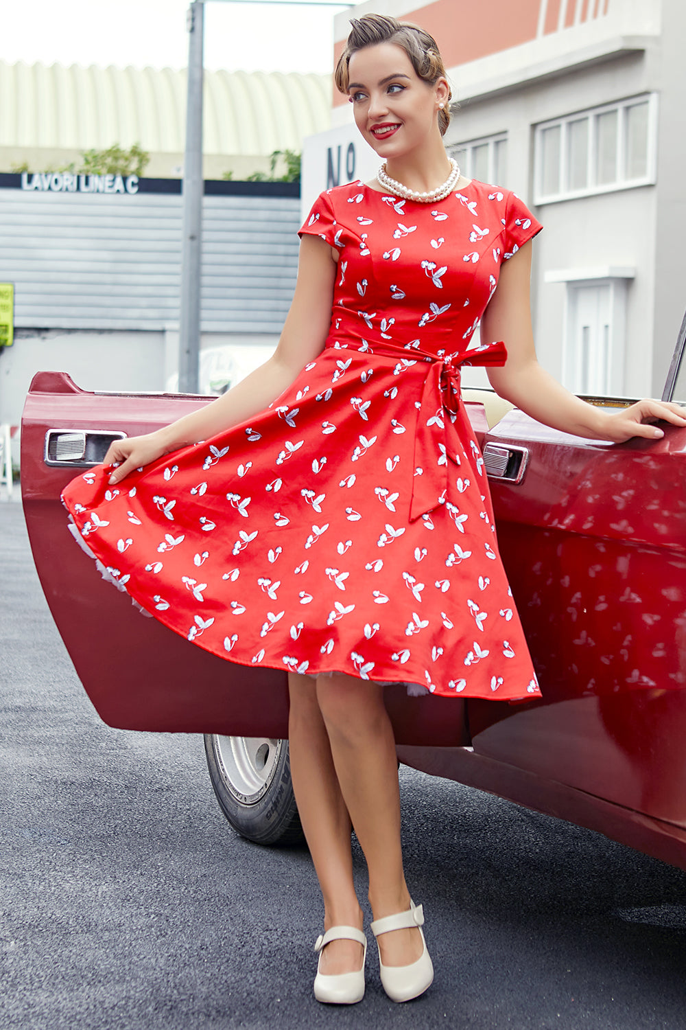 Red Cherry 1950s Swing Dress