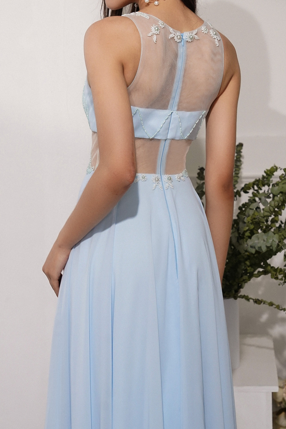 Blue A Line Chiffon Prom Dress With Appliques