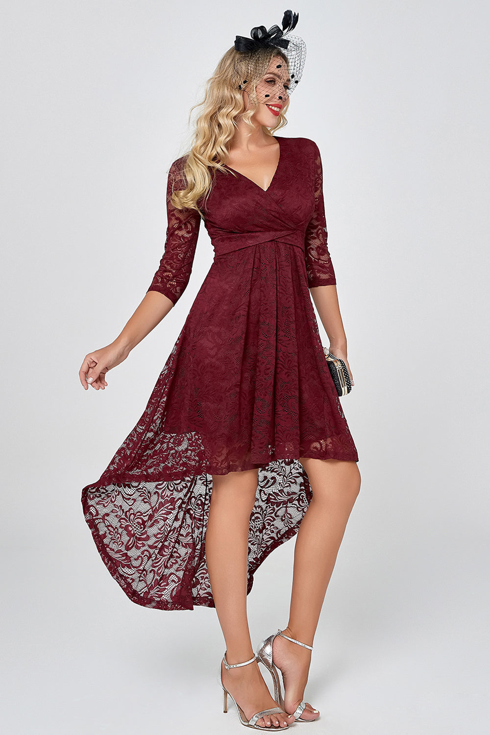Burgundy High Low Lace Party Dress with Sleeves