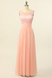 Blush Long Chiffon Lace Bridesmaid Dress
