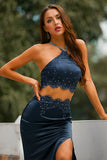 Two Piece Open Back Navy Prom Dress