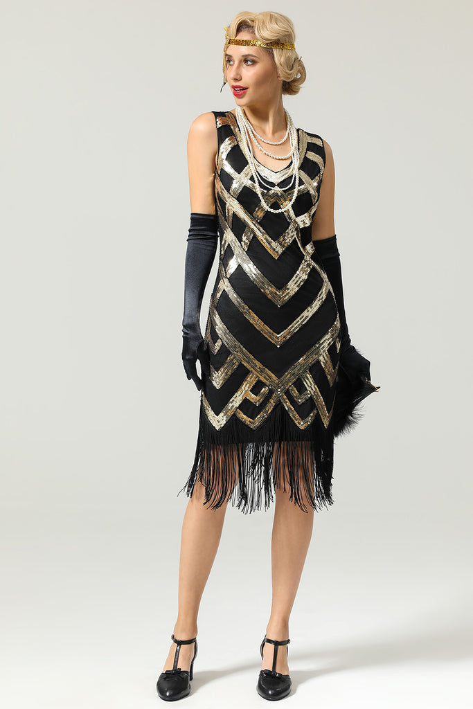 Women Gold Sequins Glitter Tea-Length Fringe Vintage 1920s Flapper