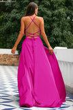A-Line Spaghetti Straps Backless Long Satin Prom Dress with Slit