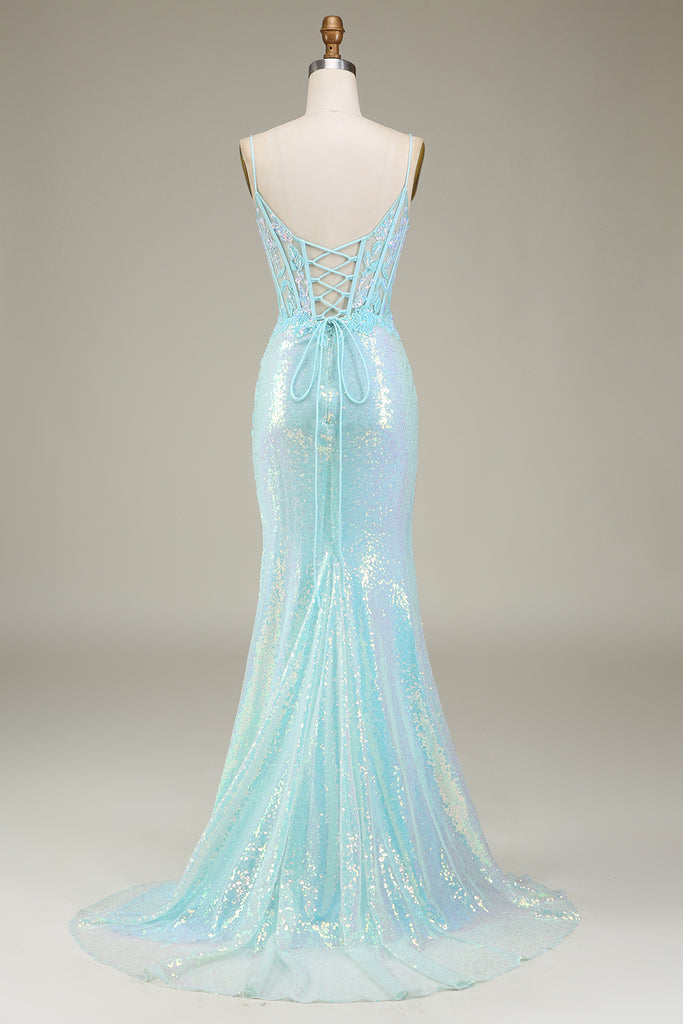 Sparkly Blue Hollow Out Mermaid Prom Dress with Slit