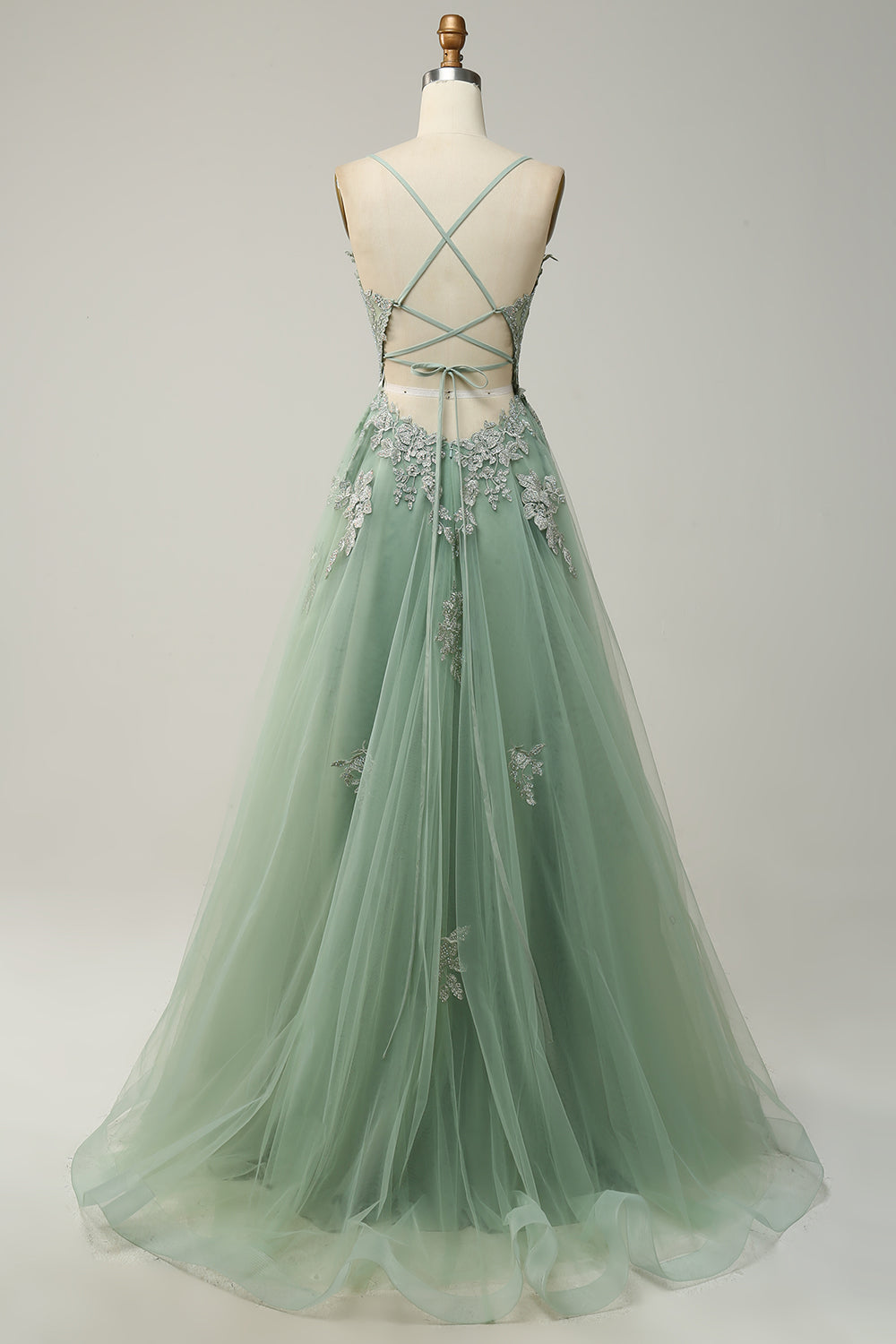 A Line Spaghetti Straps Green Long Prom Dress with Criss Cross Back