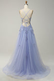 Spaghetti Straps A Line Grey Blue Long Prom Dress with Criss Cross Back