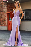 Lilac Mermaid V Neck Open Back Beaded Appliques Prom Dresses with Slit