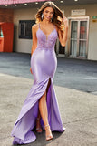 Lilac Mermaid V Neck Open Back Beaded Appliques Prom Dresses with Slit