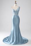 Grey Blue Mermaid Spaghetti Straps Long Beaded Prom Dress With Appliques