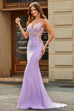 Lilac Mermaid V Neck Open Back Beaded Prom Dresses with Appliques