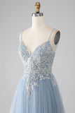 Grey Blue Mermaid Spaghetti Straps Sparkly Sequin Long Prom Dress