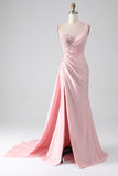 Pink Mermaid One Shoulder Sequins Appliques Ruched Prom Dress With Slit