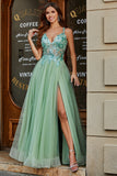 A-Line V Neck Split Tulle Light Green Prom Dress with Appliqued Beading