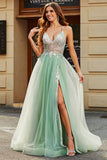 A-Line V Neck Floor-Length Beaded Tulle Light Green Prom Dress with Slit