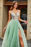 A-Line V Neck Floor-Length Beaded Tulle Light Green Prom Dress with Slit
