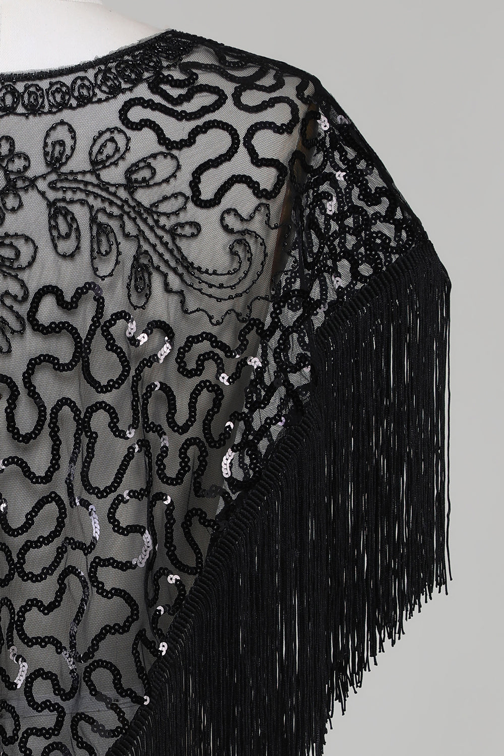 Black Sequins Glitter 1920s Cape with Fringes