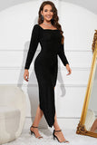 Black Sparkly Square Neck Long Party Dress With Slit