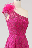 Fuchsia A-Line One Shoulder Feather Sequin Long Prom Dress With Slit