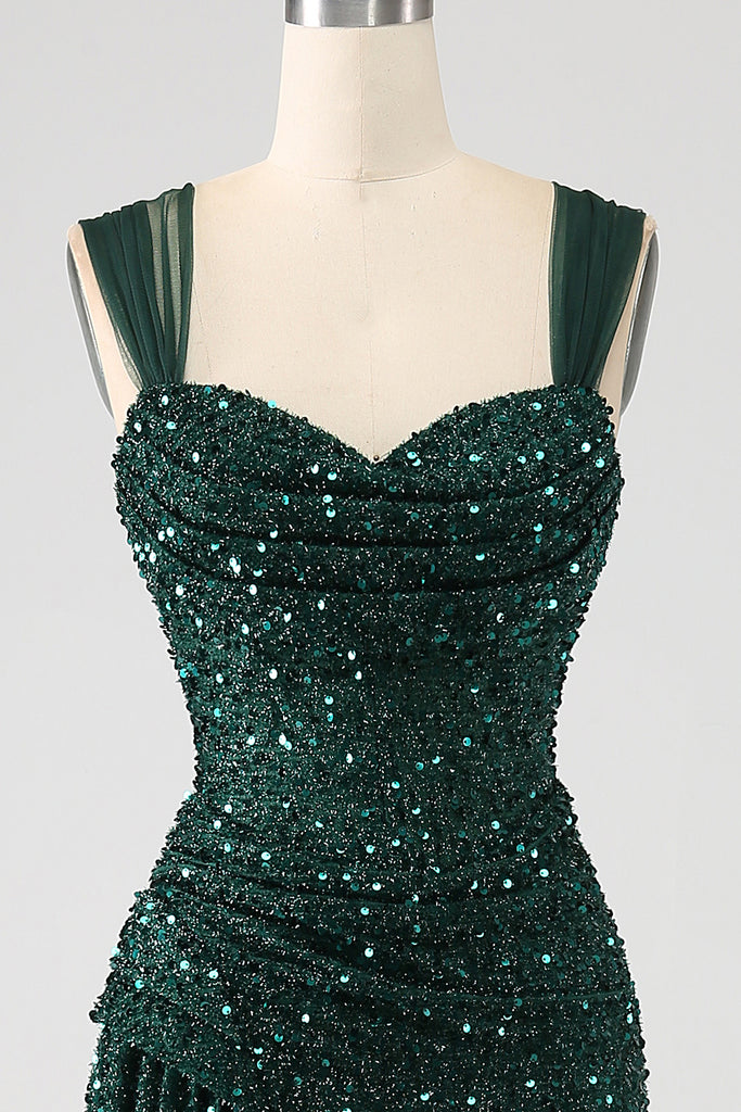 Sheath Scoop Neckline Applique Pleated Dress Dark Green main image 1