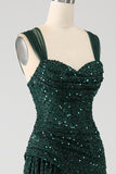 Dark Green Sheath Sparkly Sequin Pleated Long Prom Dress With Thigh Split