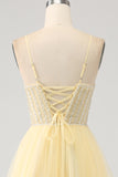 Tulle Beaded Light Yellow Prom Dress with Slit