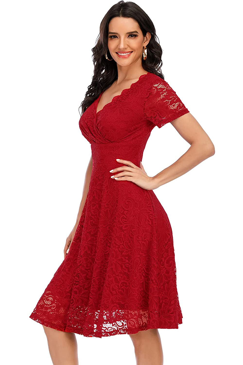 Red V-neck Lace Dress