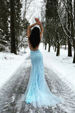 Mermaid Spaghetti Straps Blue Long Prom Dress with Criss Cross Back