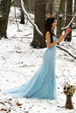 Mermaid Spaghetti Straps Blue Long Prom Dress with Criss Cross Back